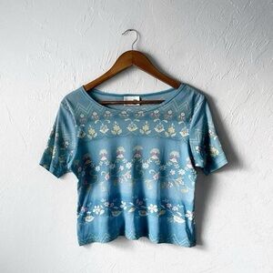 Y2k Fairy Whimsy Romantic Artsy Blue Floral Mesh Short Sleeve Top Large